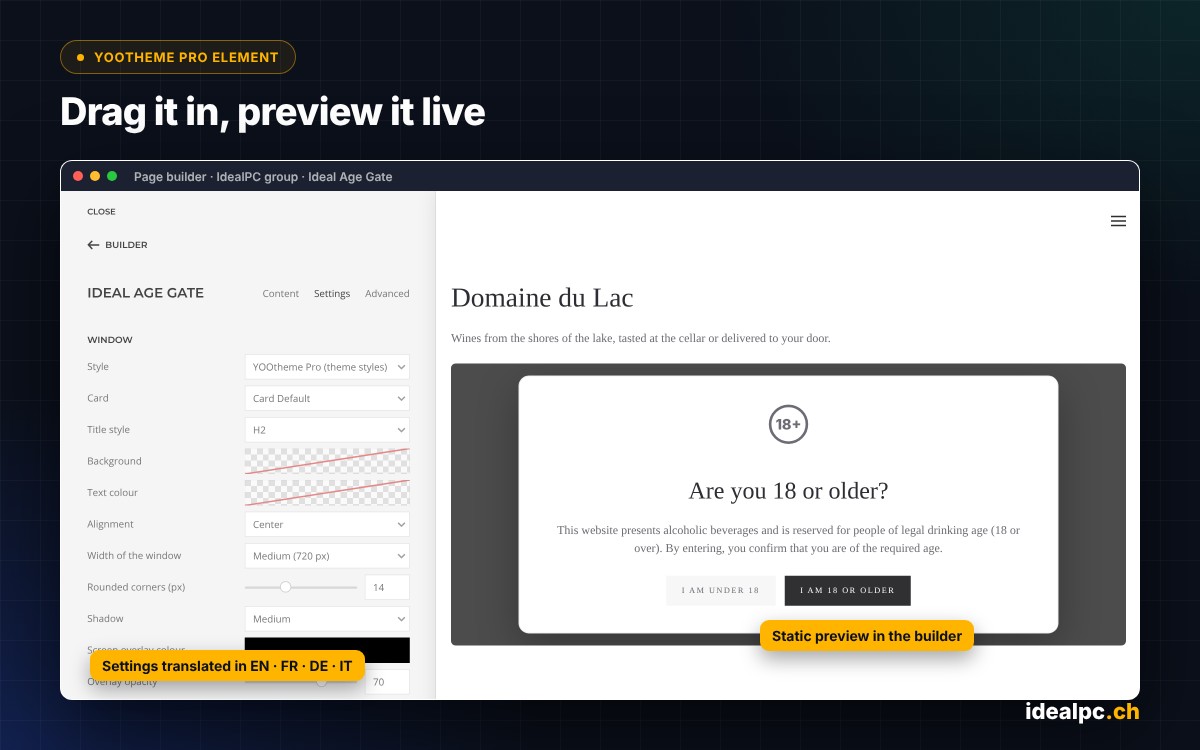 The Ideal Age Gate element in the YOOtheme Pro builder