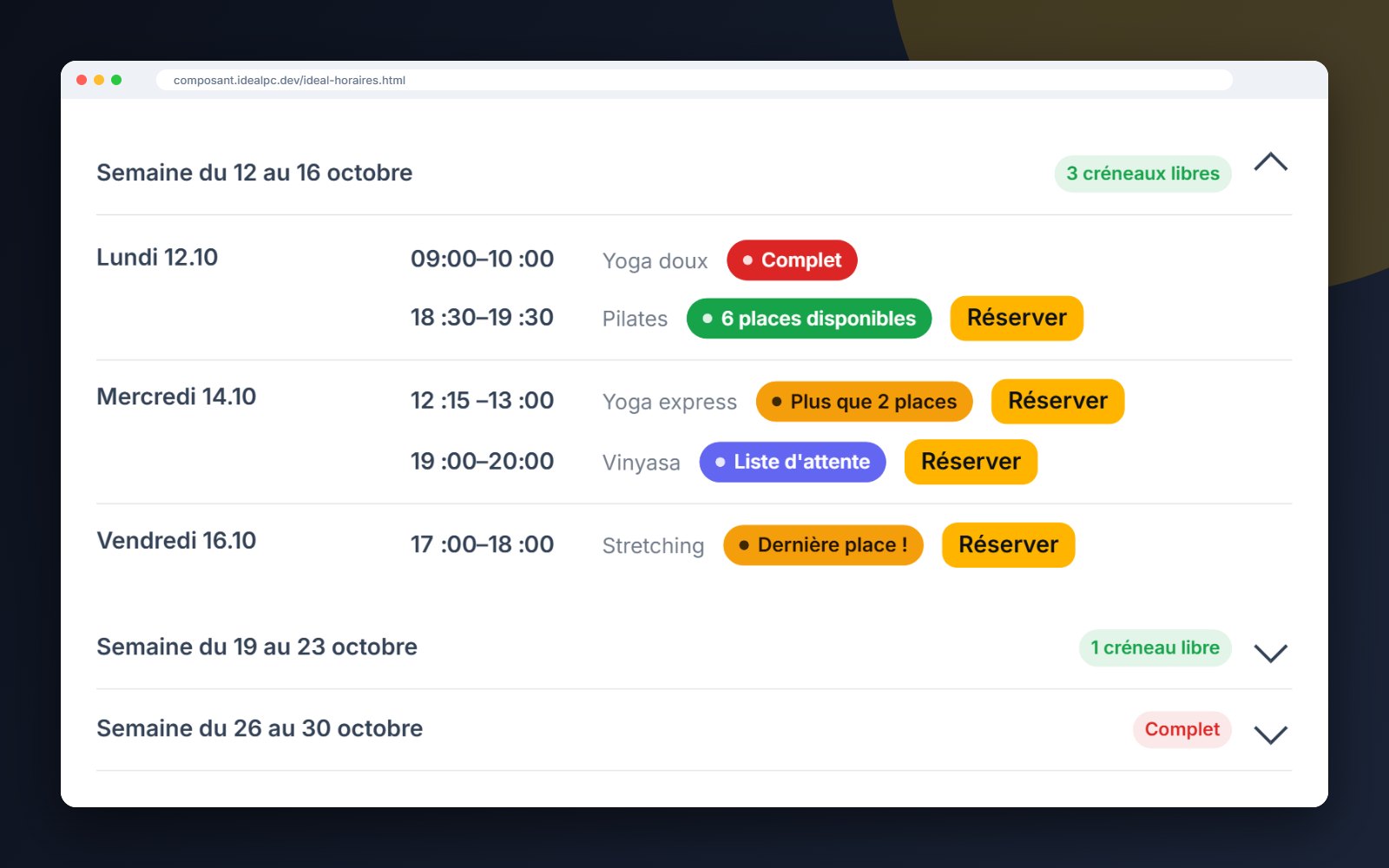 Planning avec badges de disponibilité et bouton Réserver