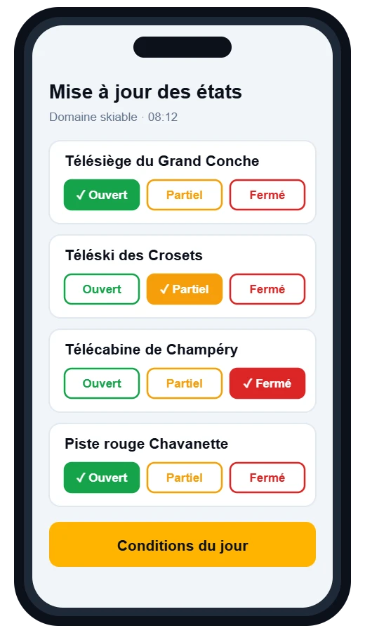 Page de mise à jour des états sur un téléphone